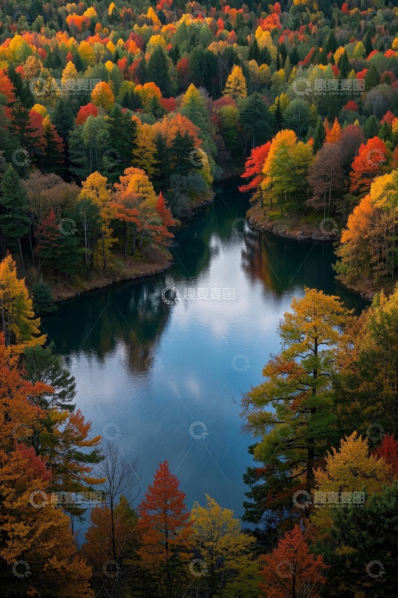 高清大图下载【趣麦麦图】秋日森林湖泊俯瞰全景