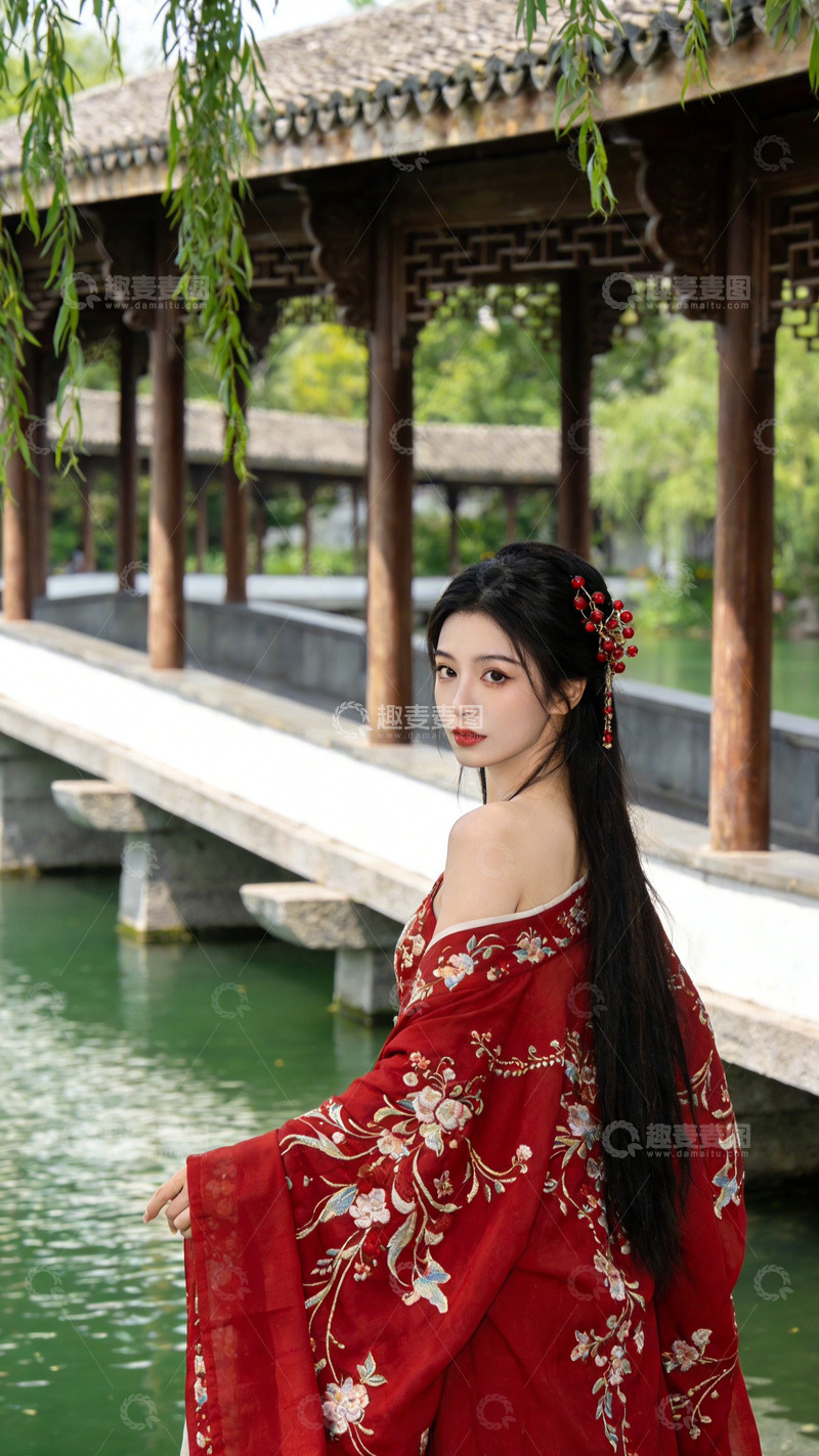 高清大图下载【趣麦麦图】古典亭台红衣女子摄影照片