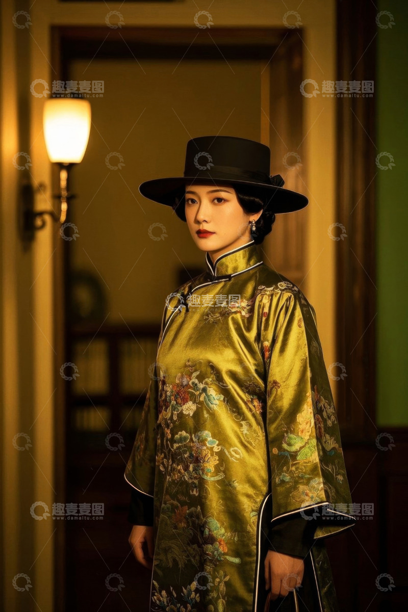 高清大图下载【趣麦麦图】身着旗袍的女子室内站立肖像