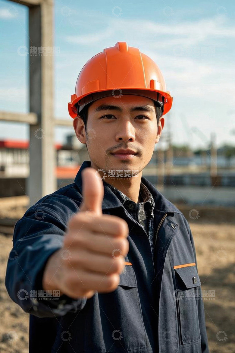 工地工人竖大拇指特写