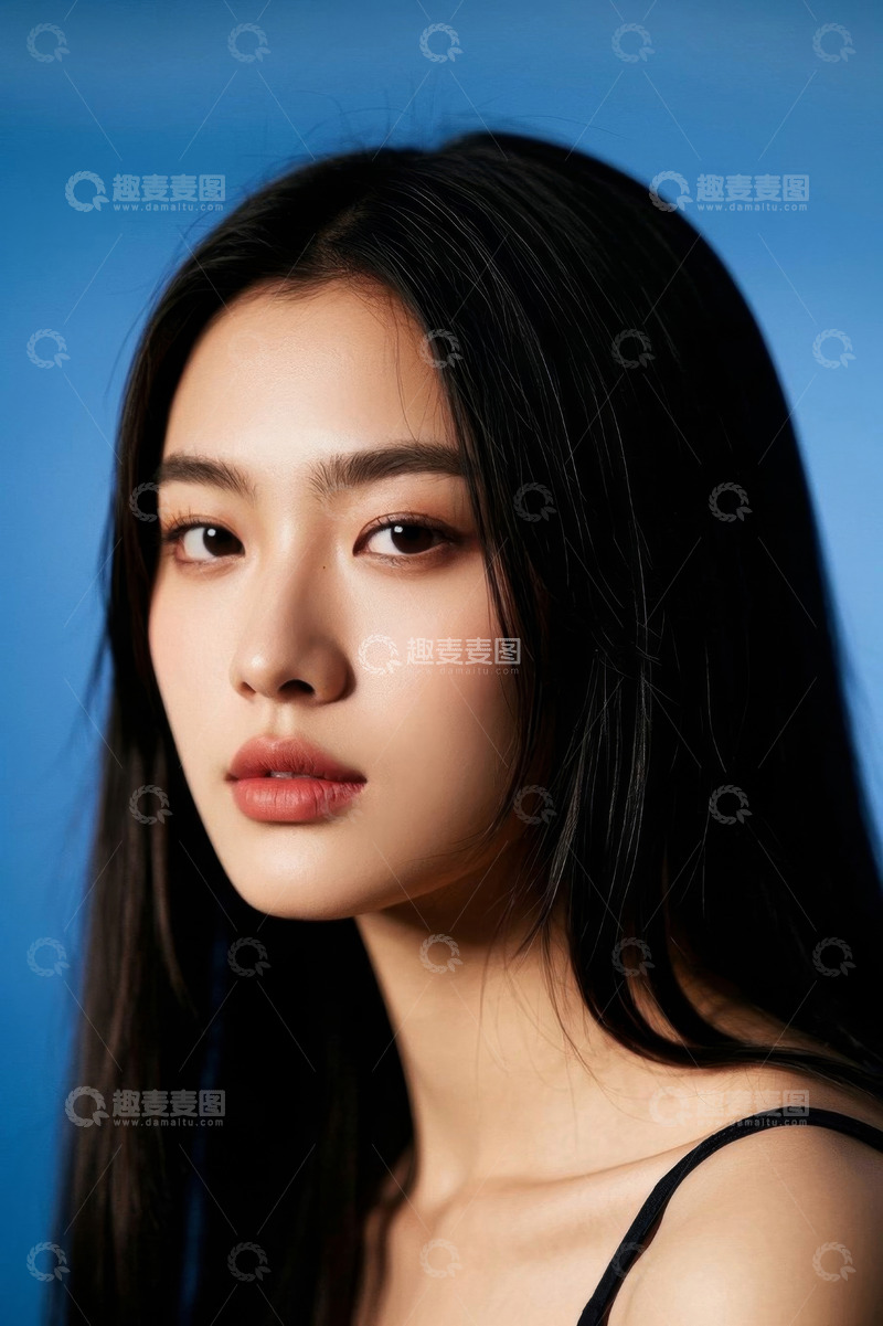 高清大图下载【趣麦麦图】女性蓝色背景特写肖像