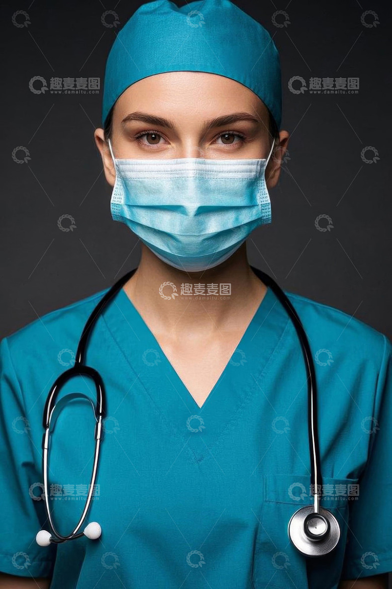 女医生身着手术服戴口罩肖像