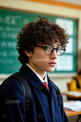 教室里穿校服戴眼镜的男学生