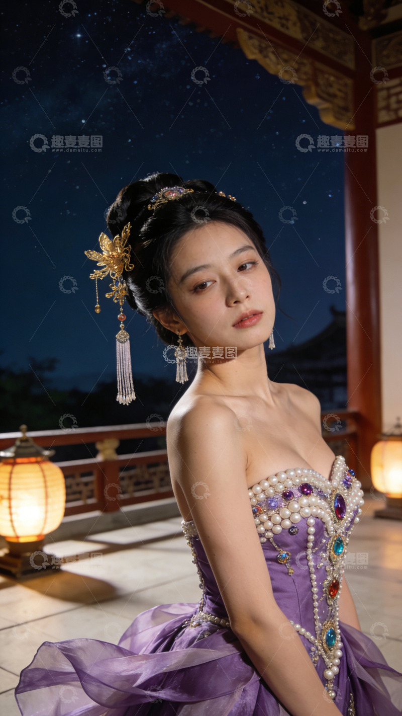 高清大图下载【趣麦麦图】古典夜景美人紫色礼服写真
