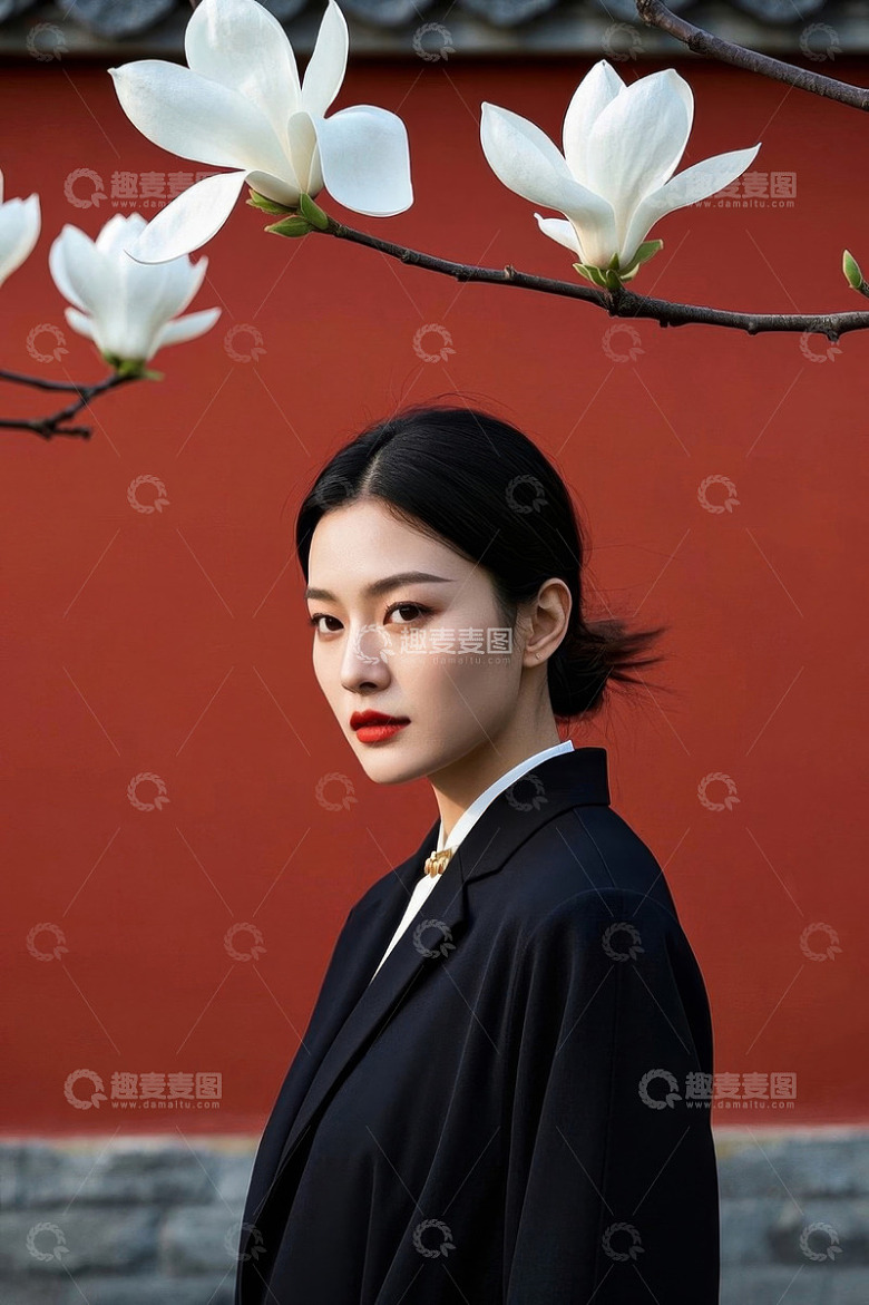 红墙下玉兰花旁的女性肖像
