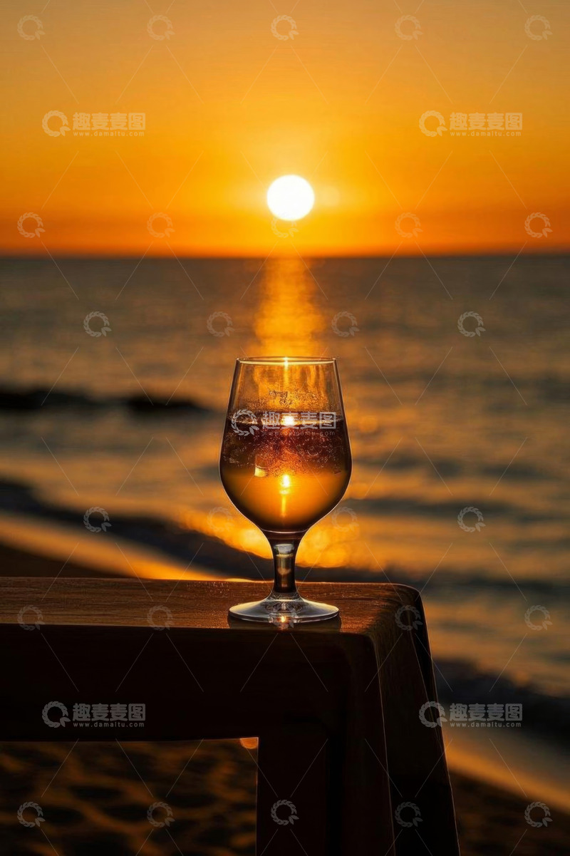 高清大图下载【趣麦麦图】海边夕阳下的葡萄酒杯