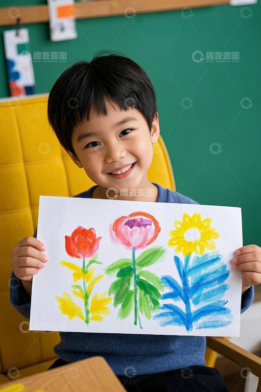 小男孩展示手绘花卉图画