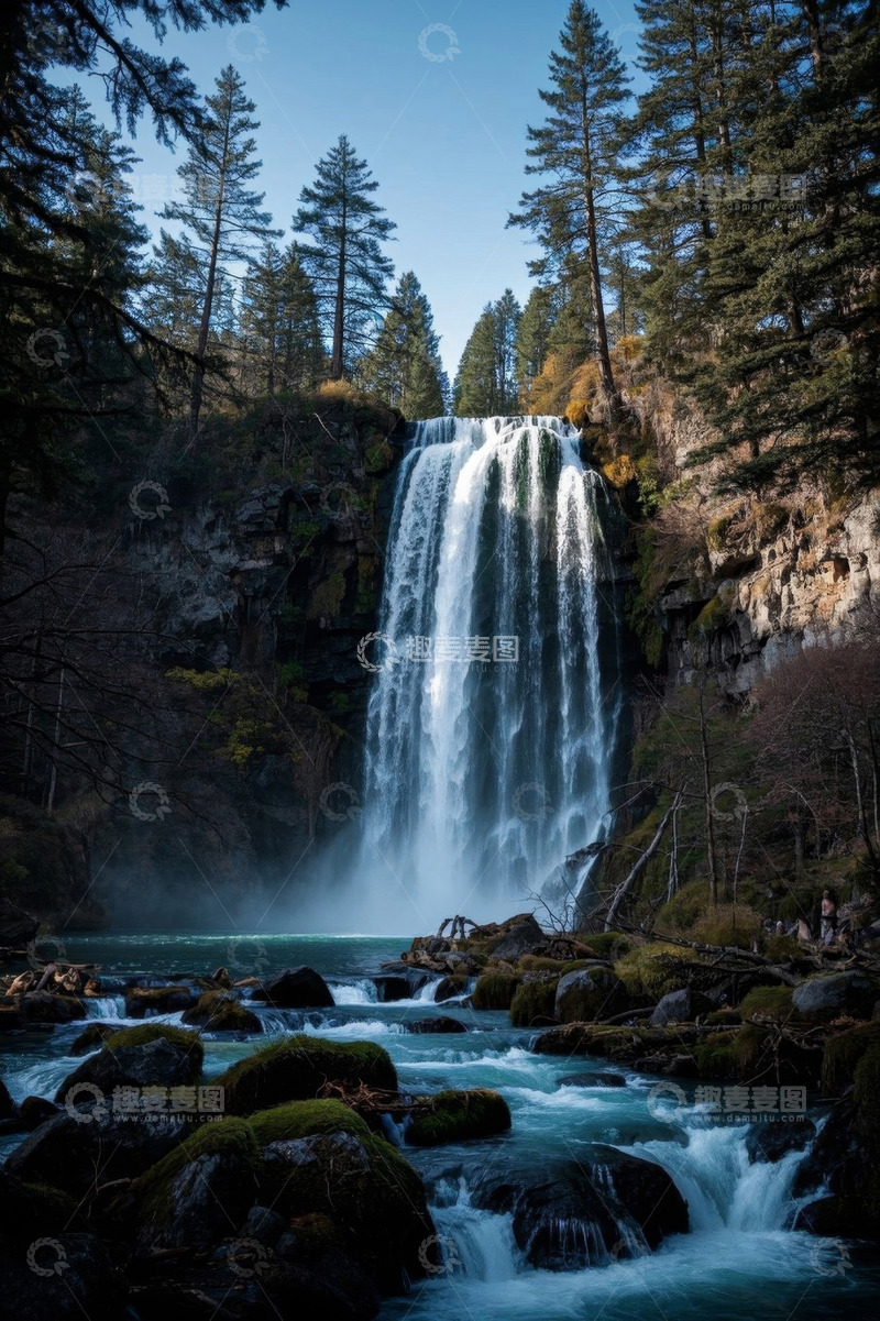 高清大图下载【趣麦麦图】森林中的壮观瀑布自然景观