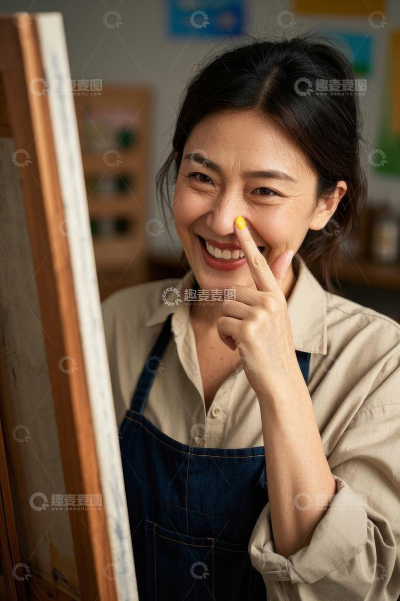 高清大图下载【趣麦麦图】女性艺术家画室创作微笑瞬间
