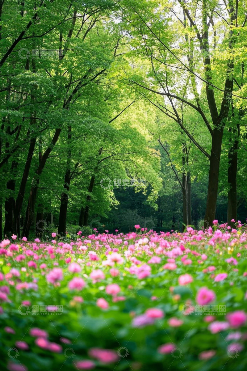 高清大图下载【趣麦麦图】森林中盛开的粉色花卉景观