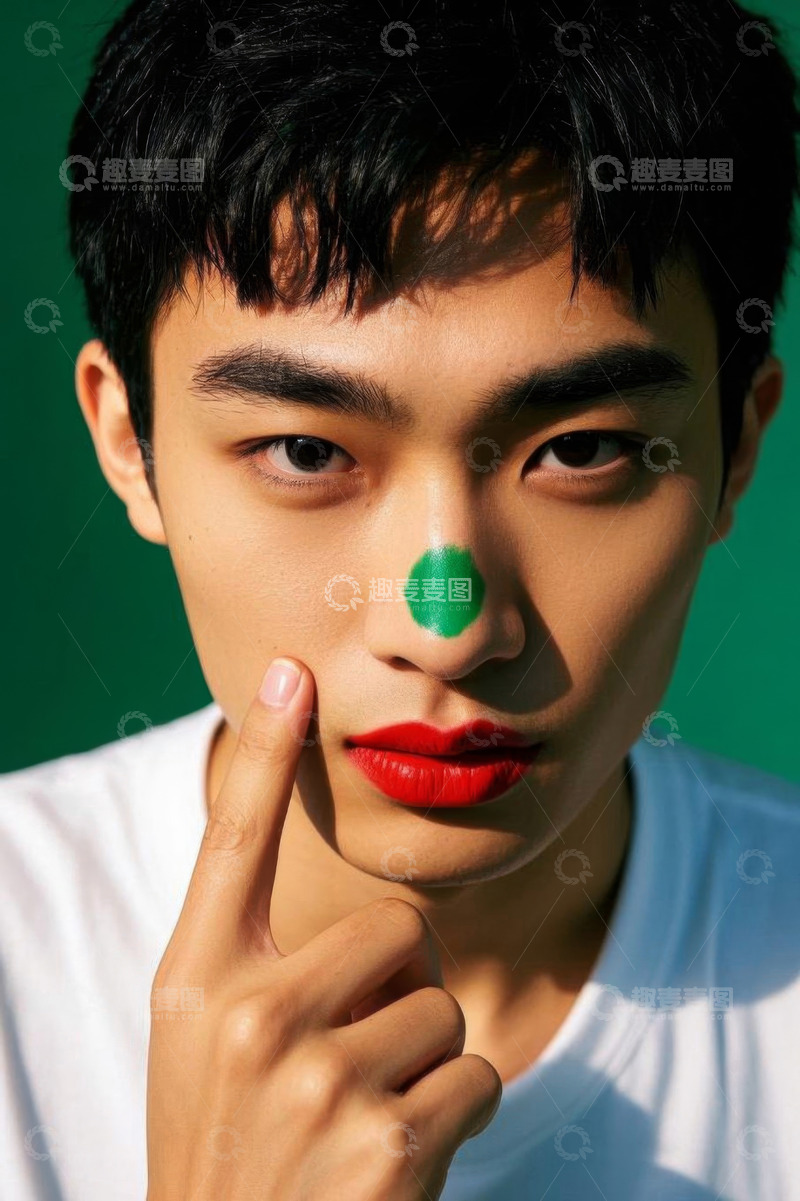 高清大图下载【趣麦麦图】涂红唇绿鼻贴的男士特写