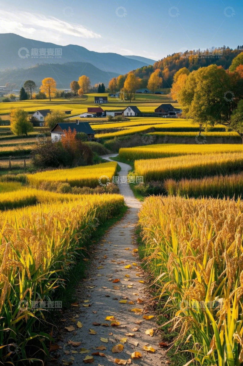 高清大图下载【趣麦麦图】秋日乡村田野间的小路风景