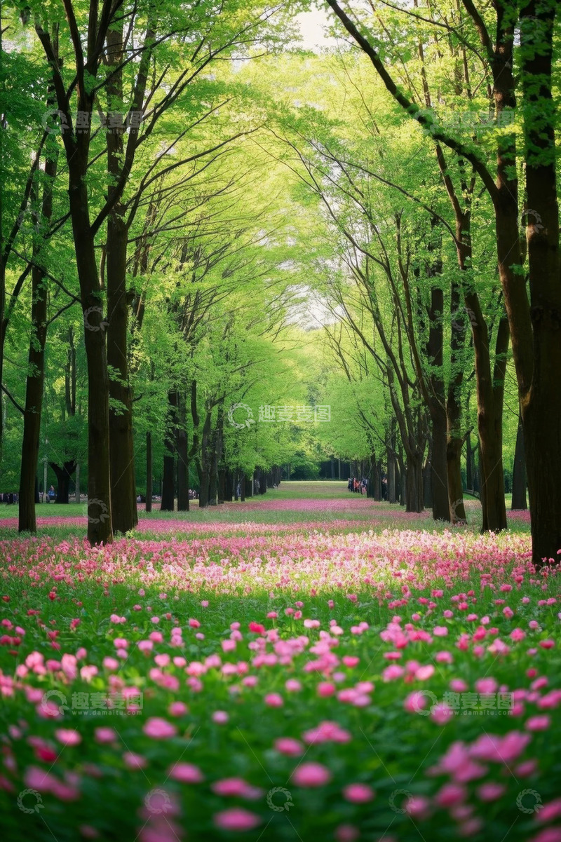 高清大图下载【趣麦麦图】公园内林荫道与粉色花海景观