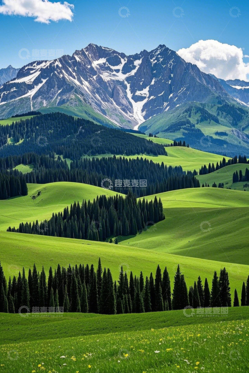 高清大图下载【趣麦麦图】雪山下的草原森林风光