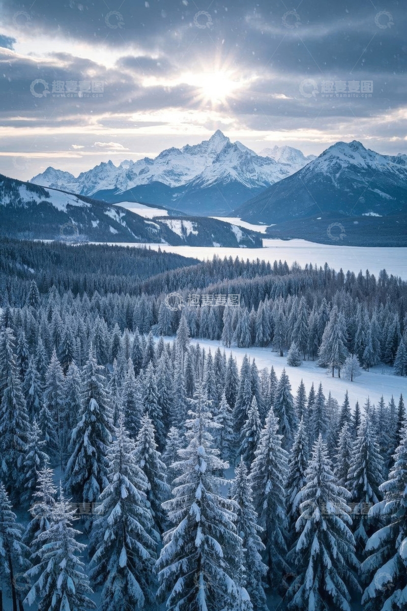 高清大图下载【趣麦麦图】冬日雪山下的森林全景