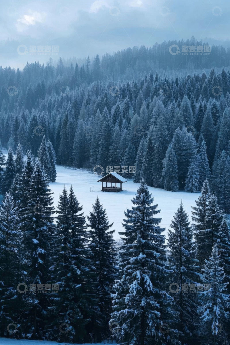 高清大图下载【趣麦麦图】雪覆森林中的小木屋风景