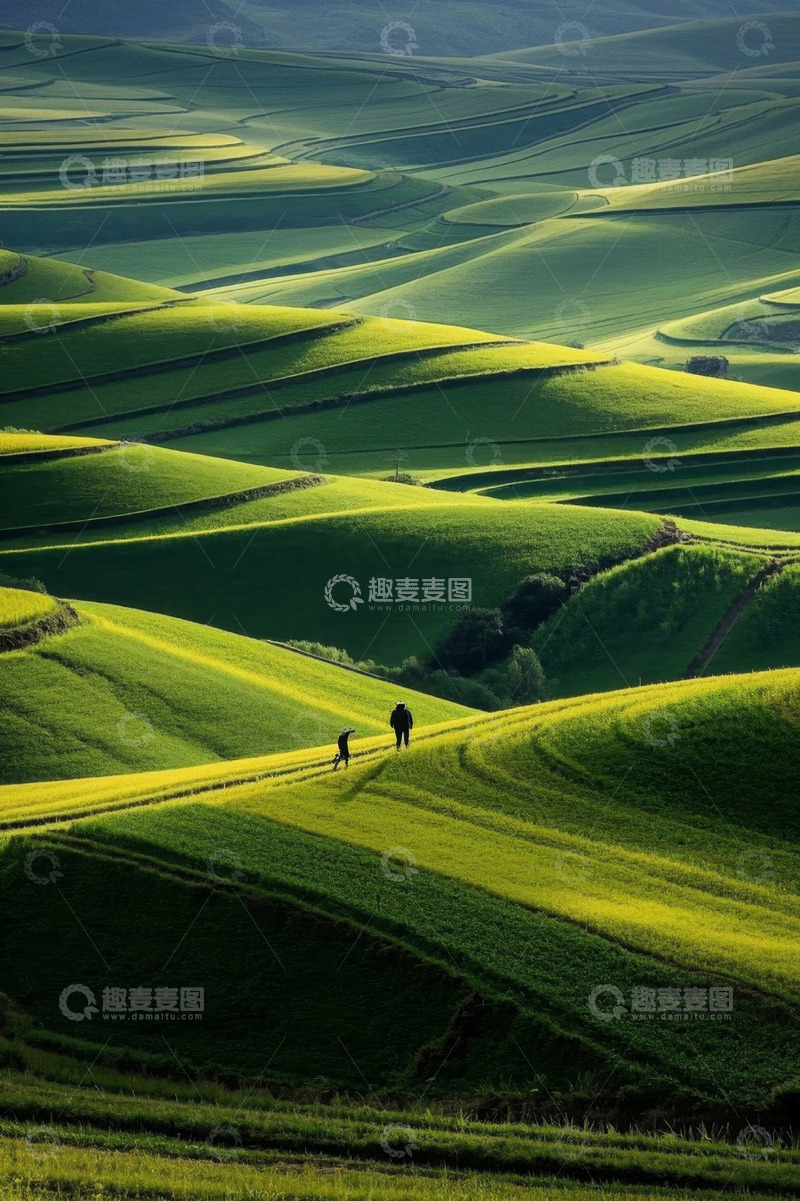 高清大图下载【趣麦麦图】两人漫步于绿色田野间