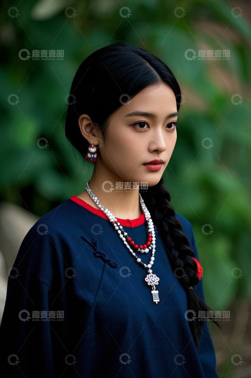 高清大图下载【趣麦麦图】佩戴民族首饰的少女侧身像