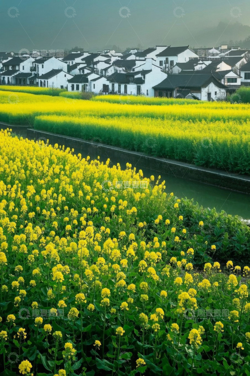 高清大图下载【趣麦麦图】村庄旁盛开的油菜花田
