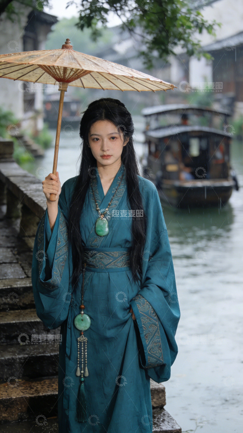高清大图下载【趣麦麦图】古风美女雨伞水景摄影