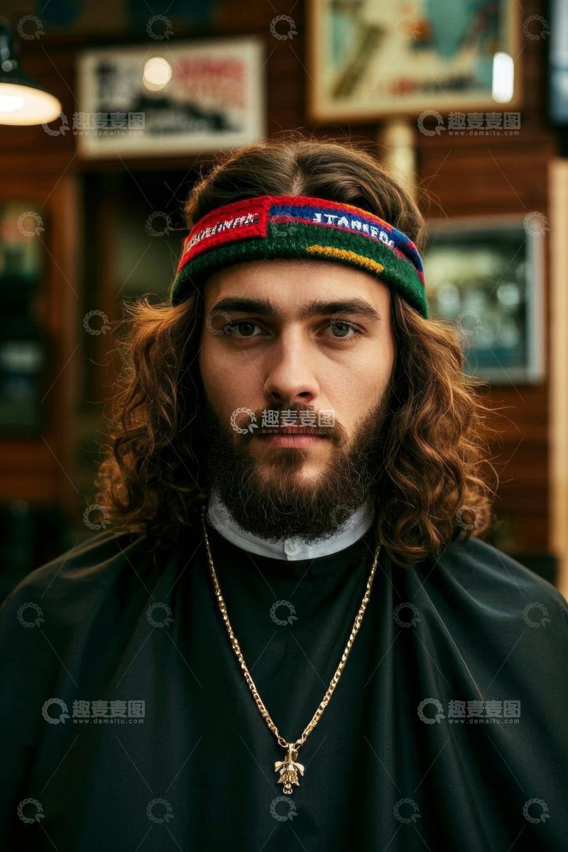 高清大图下载【趣麦麦图】留长卷发戴头带男性肖像