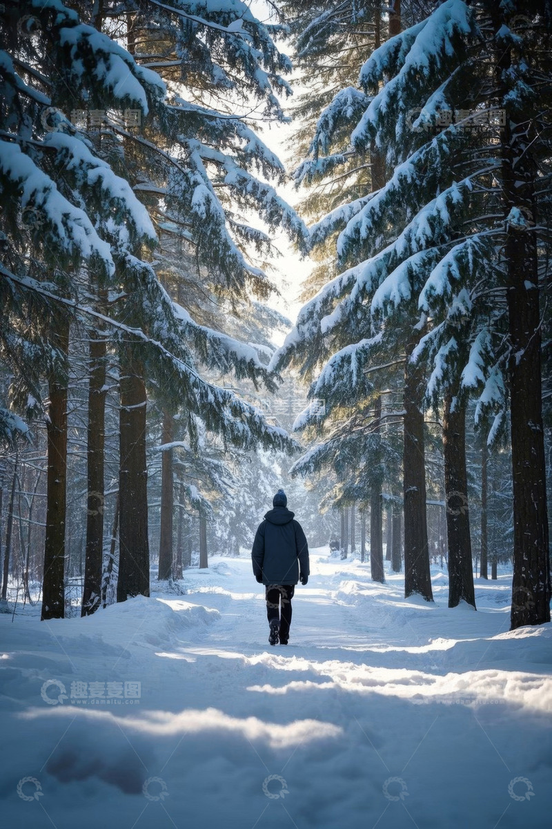 高清大图下载【趣麦麦图】人在雪覆森林中独行