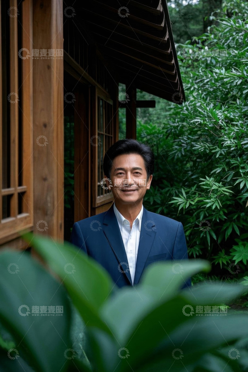 高清大图下载【趣麦麦图】身着西装男子于木屋前留影