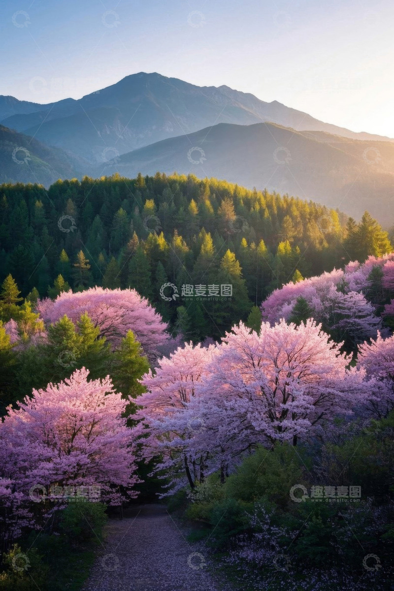 高清大图下载【趣麦麦图】山间盛开的樱花与森林景观