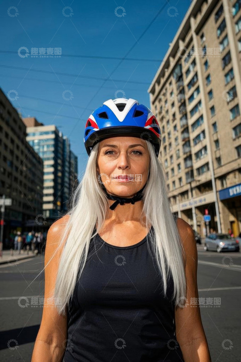 高清大图下载【趣麦麦图】戴头盔女士于城市街道前留影