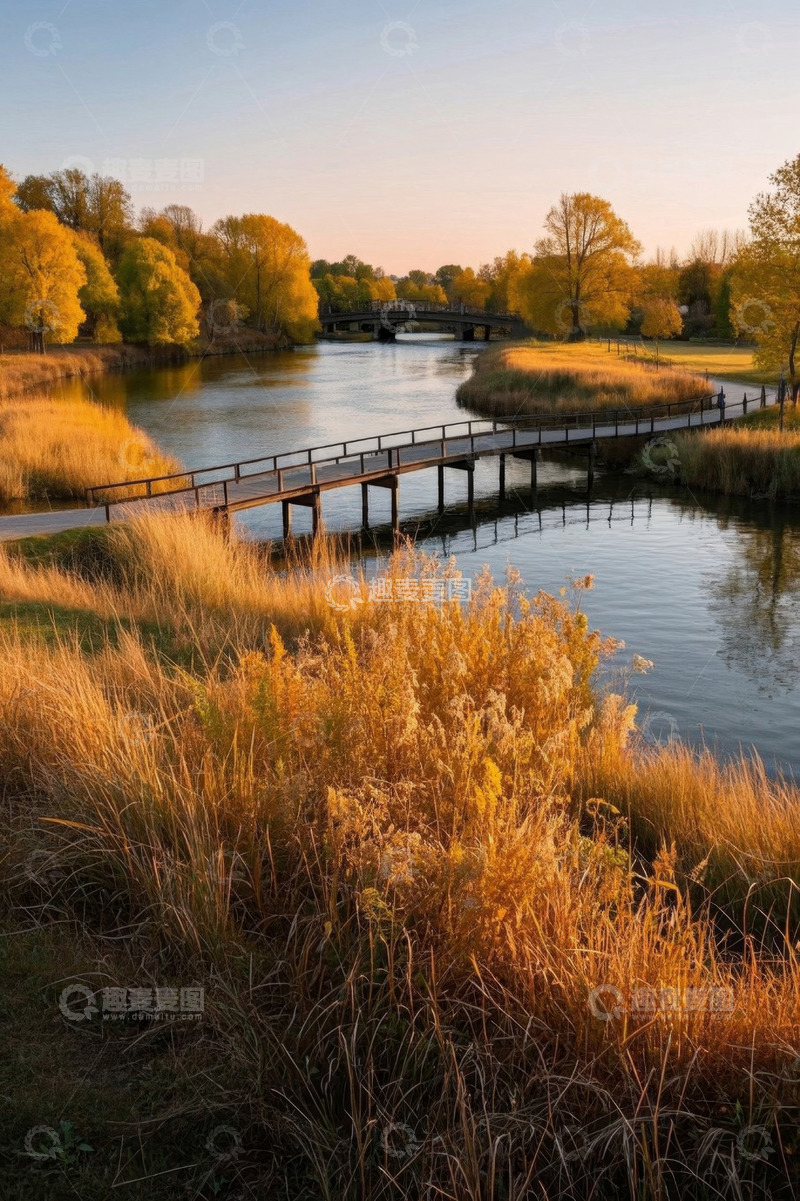 高清大图下载【趣麦麦图】秋日河畔木桥自然风光