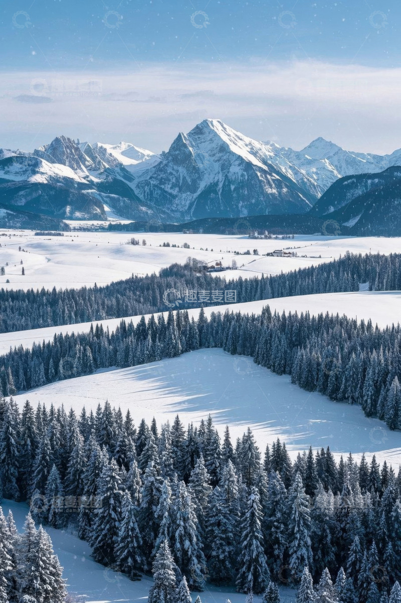 高清大图下载【趣麦麦图】冬日雪山森林全景