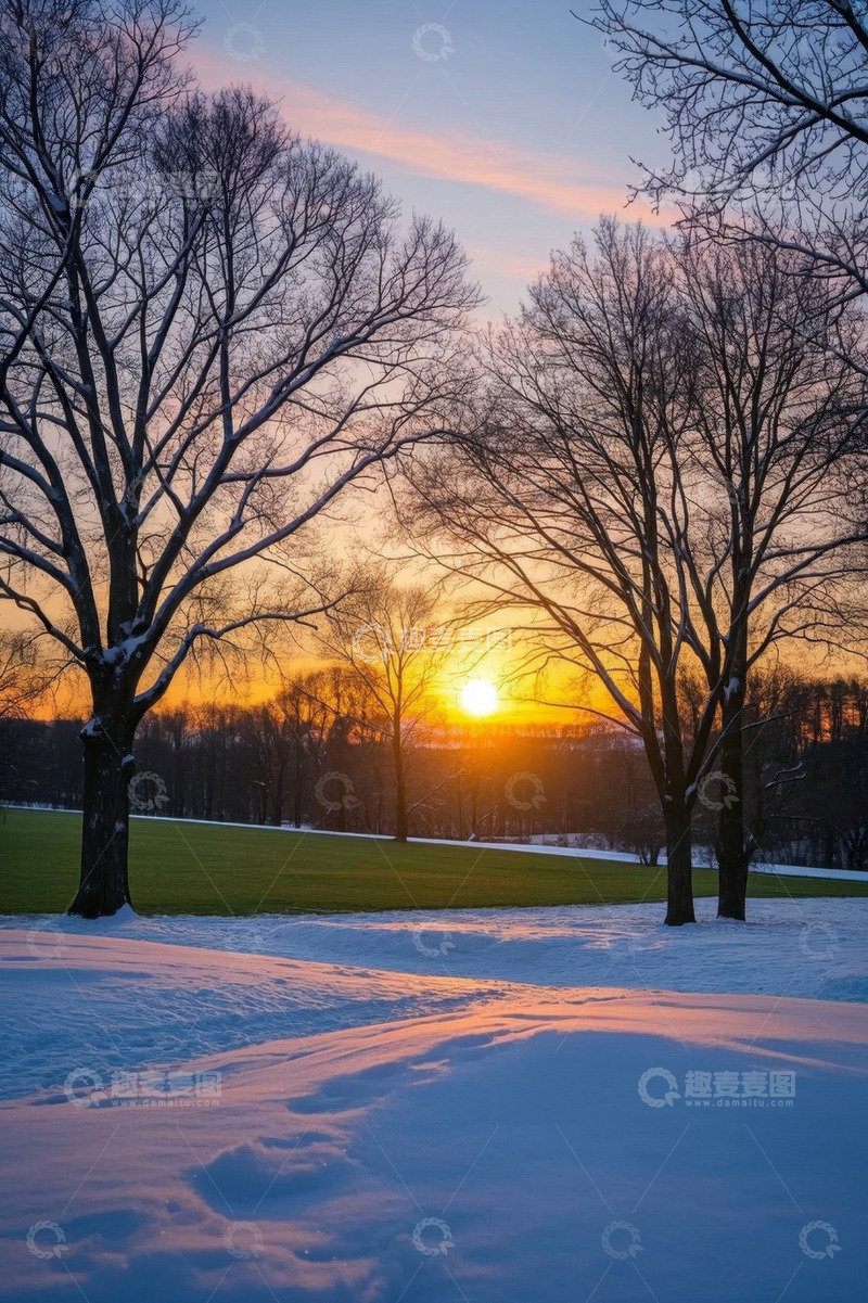 高清大图下载【趣麦麦图】冬日雪后树林日落风景