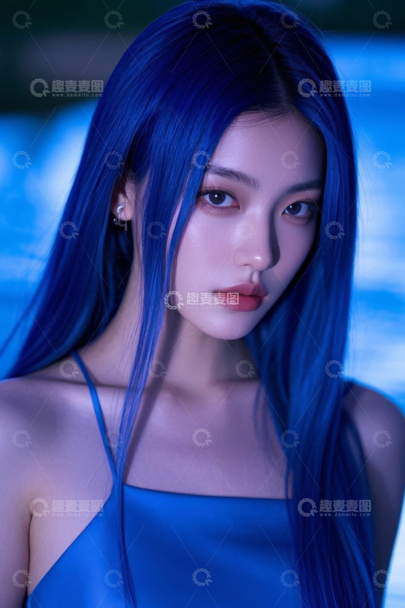 高清大图下载【趣麦麦图】蓝发女子特写人像