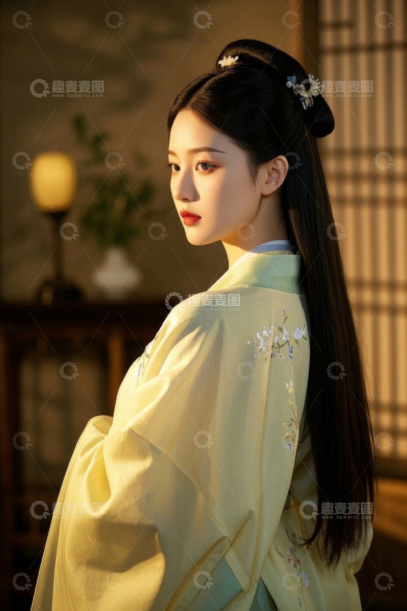 高清大图下载【趣麦麦图】身着汉服的女子侧身肖像