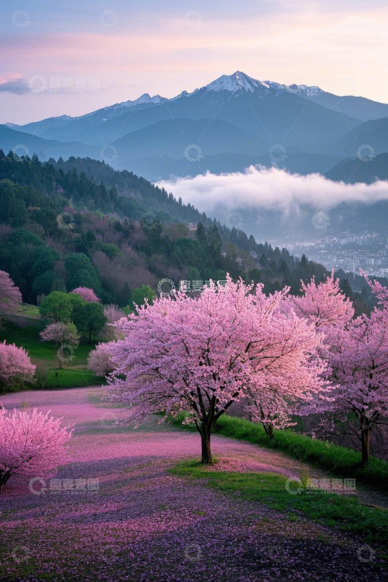 高清大图下载【趣麦麦图】山间盛开的粉色樱花风景