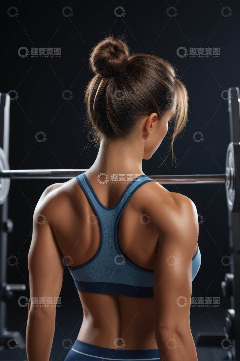 高清大图下载【趣麦麦图】女性健身房举杠铃健身背影
