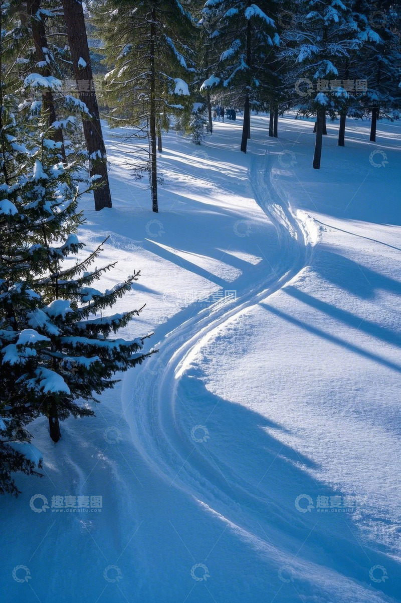 高清大图下载【趣麦麦图】冬日雪覆森林中的蜿蜒雪道