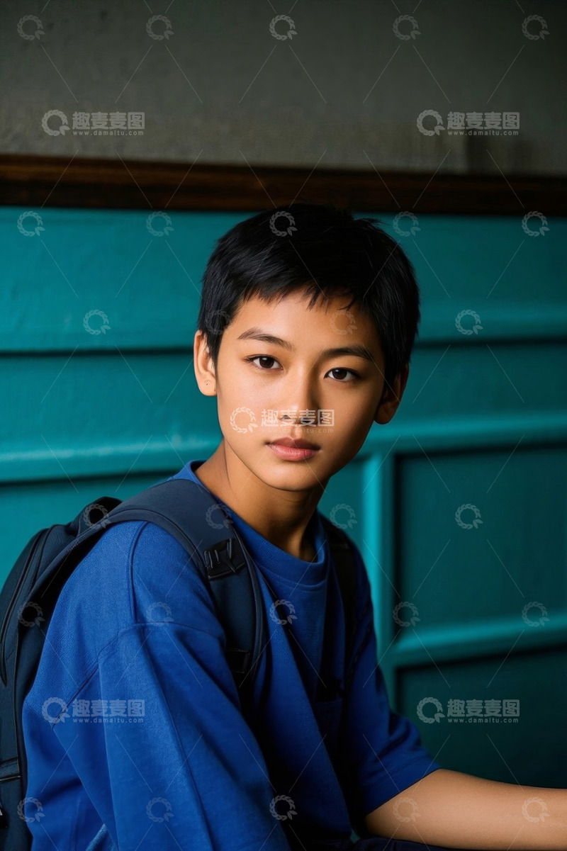 高清大图下载【趣麦麦图】背书包的少年正面肖像