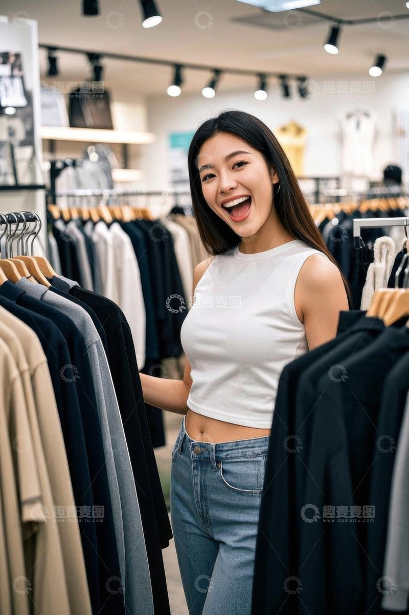 高清大图下载【趣麦麦图】年轻女子在服装店挑选衣物