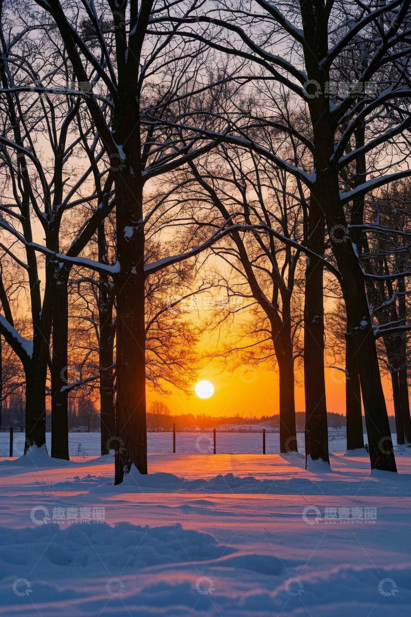 高清大图下载【趣麦麦图】冬日森林夕阳雪景