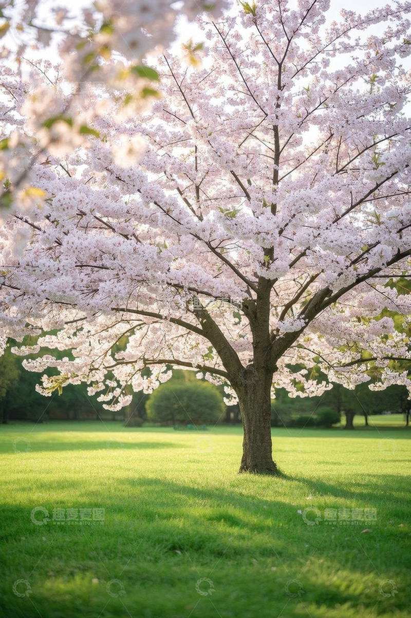 高清大图下载【趣麦麦图】草地旁盛开的樱花树