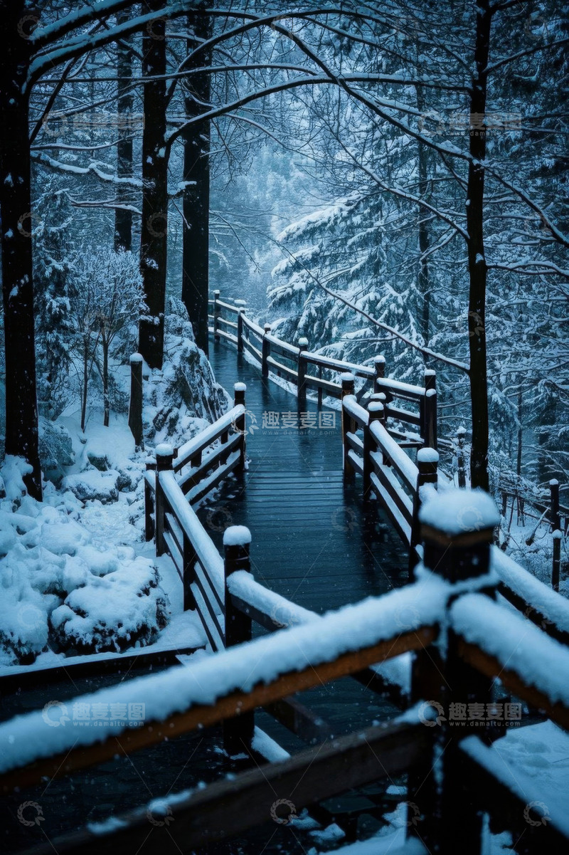 高清大图下载【趣麦麦图】雪后森林中的木质栈道