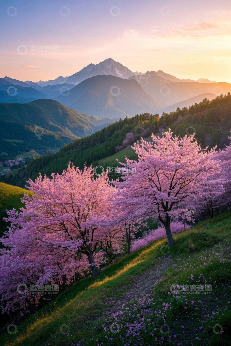 高清大图下载【趣麦麦图】山间盛开的粉色樱花与远山景色