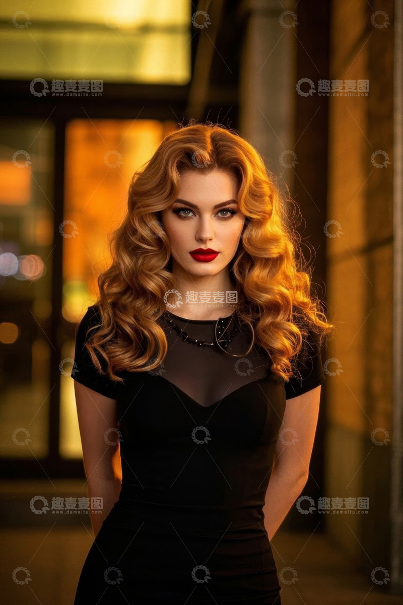 高清大图下载【趣麦麦图】卷发红唇女子半身肖像