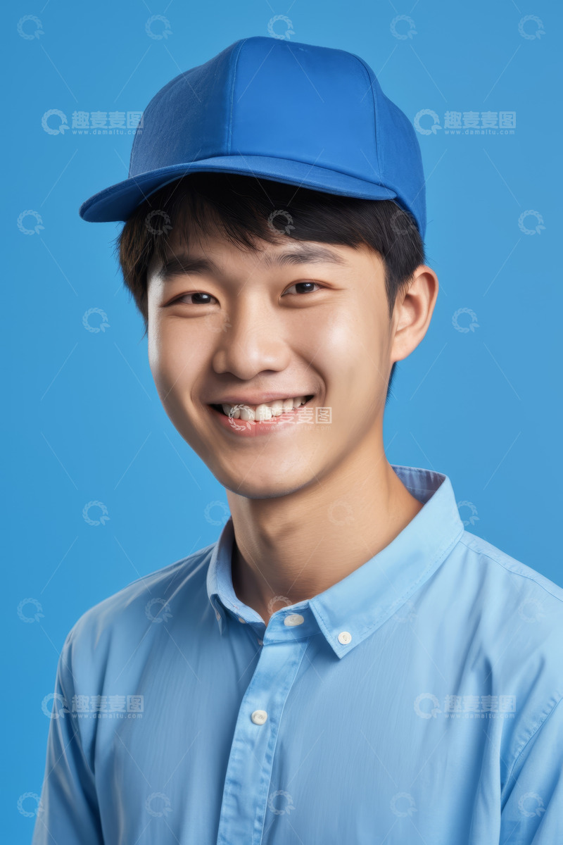 高清大图下载【趣麦麦图】戴蓝色帽子微笑的年轻男子
