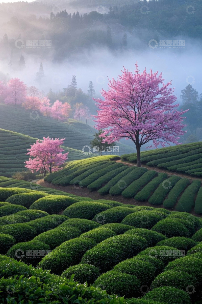 高清大图下载【趣麦麦图】茶园与樱花树自然风光