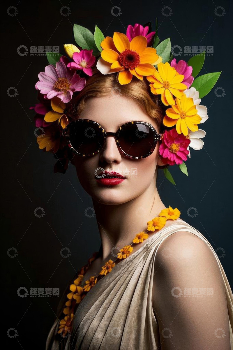 高清大图下载【趣麦麦图】戴花环墨镜的时尚女性肖像