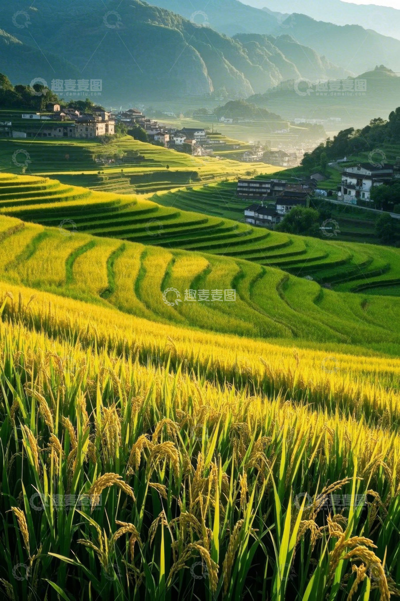 高清大图下载【趣麦麦图】山间梯田稻田与村庄景观