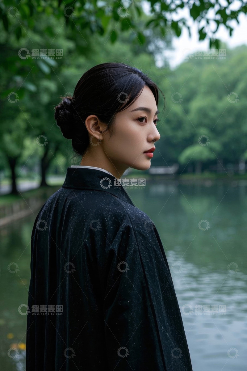 高清大图下载【趣麦麦图】湖畔汉服女子侧颜