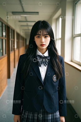 身着校服的女生站立于走廊